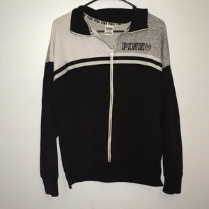 pink varsity zip-up sweater